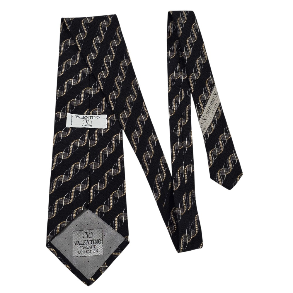 Valentino Cravette Mens Luxury Necktie Black Silk Swirl Pattern Woven Designer